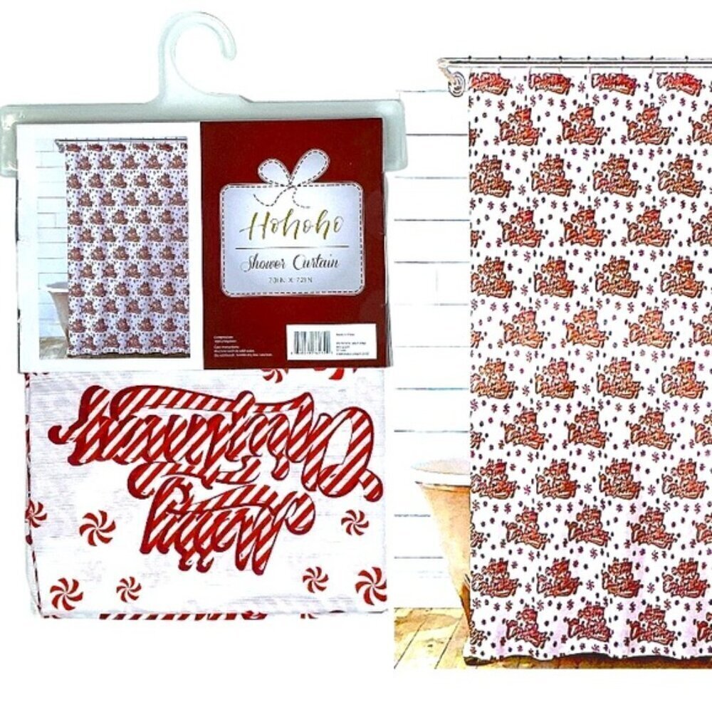 Christmas Candy Cane Shower Curtain Holiday XMas Fabric 70 x 72 in Red White - Picture 2 of 16